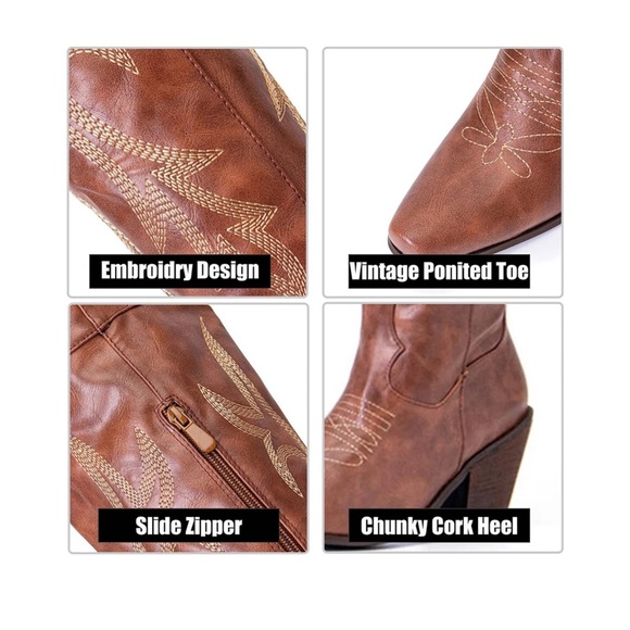 VOMIRA Knee High Cowboy Boots for Women Pointed Toe Chunky Cork Heel - Picture 5 of 7